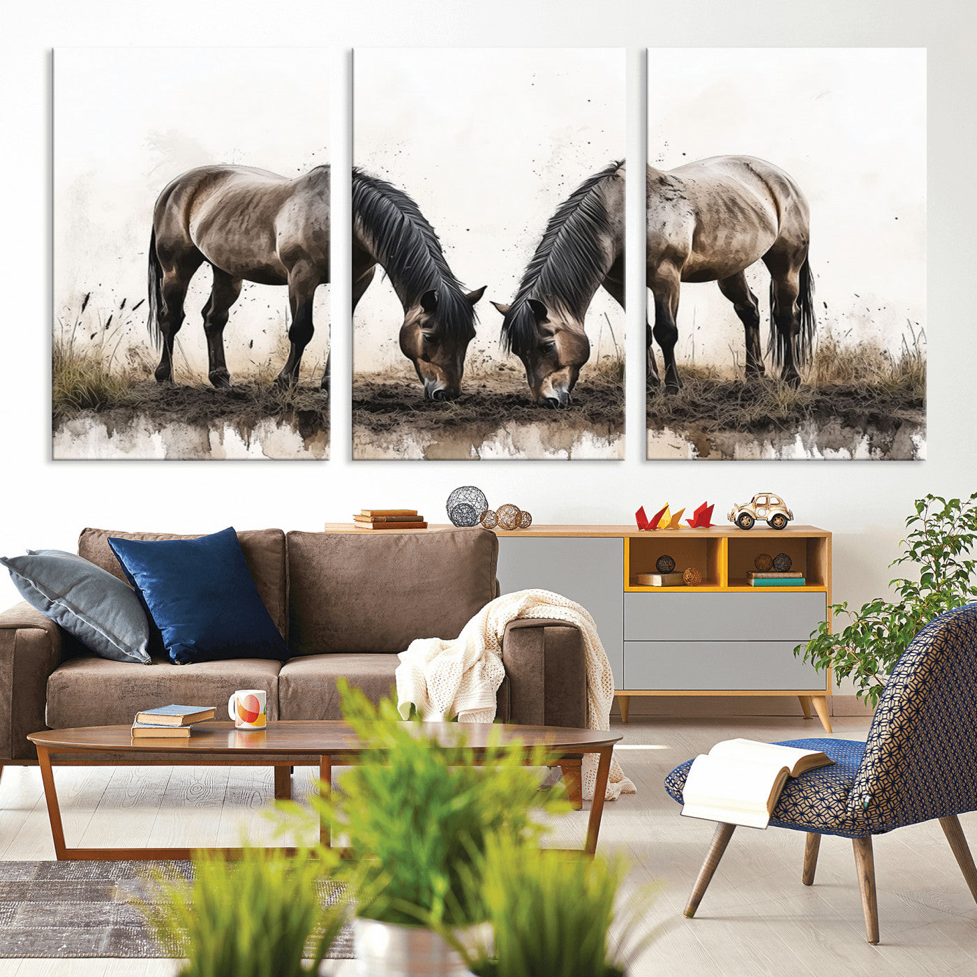 MGV-CV-60X30-3P - Chines Ink Style Horses Wall Art Canvas Print