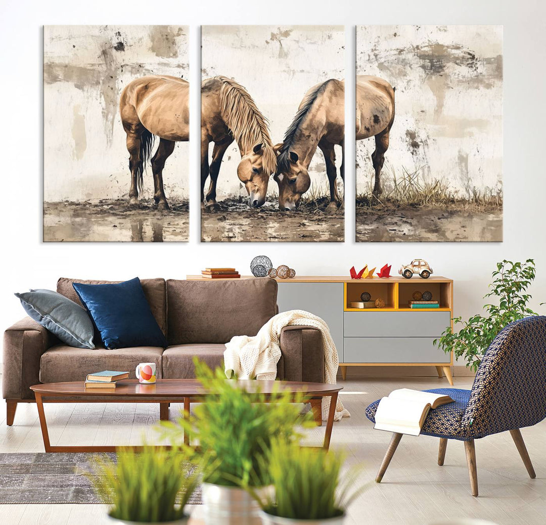 The Vintage Horses Wall Art, a ready-to-hang and framed triptych, beautifully captures two horses gracefully grazing. It perfectly complements the rustic charm of western farmhouse wall decor.