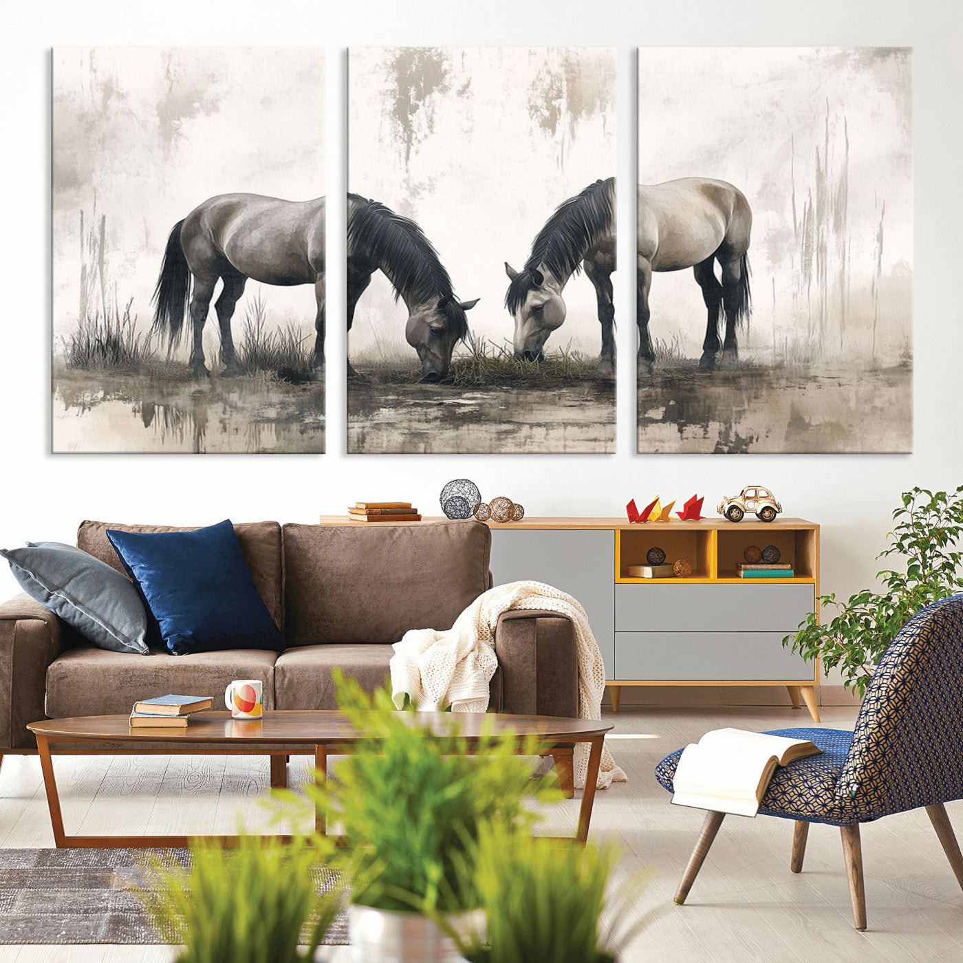 35494-MGV-CV-36X24-Chines Ink Style Vintage Horses Wall Art Canvas Print for Farmhouse Wall Decor