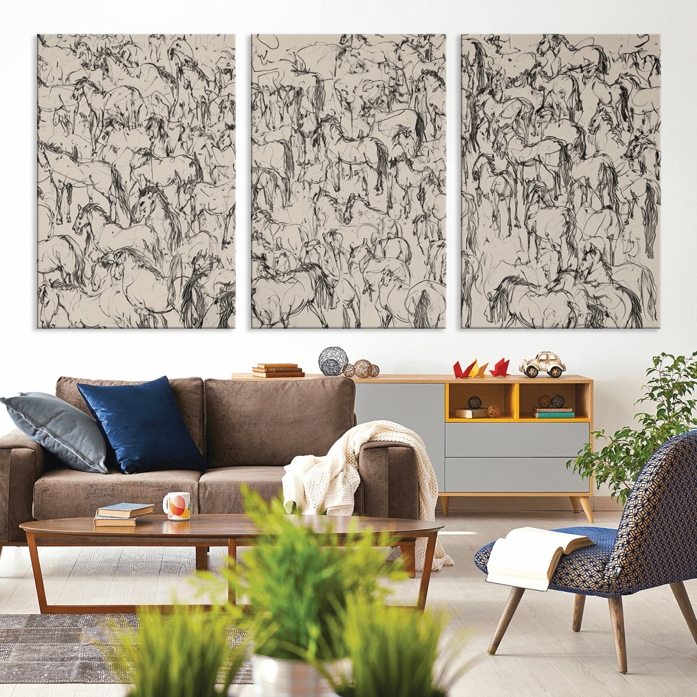 25718-MGV-CV-36X24-Abstract Horse Sketch Wall Art | Ready to Hang and Framed | Farmhouse Wall Decor for Living Room or