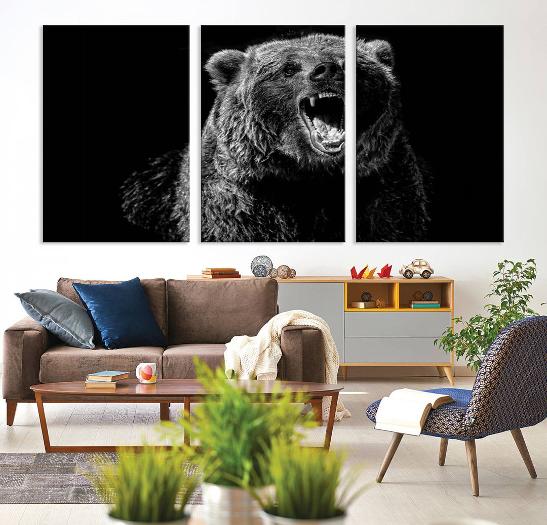 A striking Bear Canvas Print, perfect for cabin decor and ready to hang, is displayed in the modern living room, adding a touch of wildlife art to the sleek design.