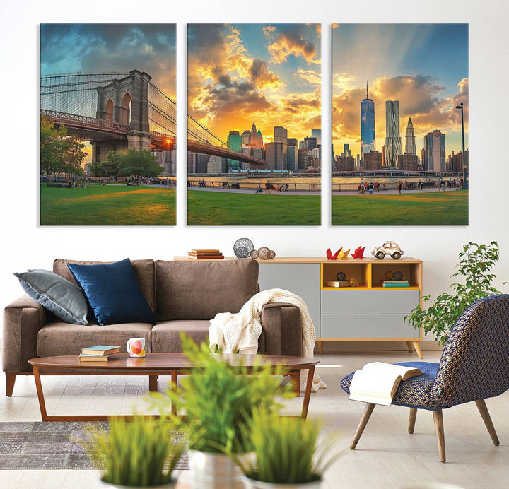 The "Brooklyn Bridge New York Skyline Wall Art" is a ready-to-hang framed canvas print that beautifully captures the cityscape at sunset, showcasing the iconic Brooklyn Bridge and majestic skyscrapers.