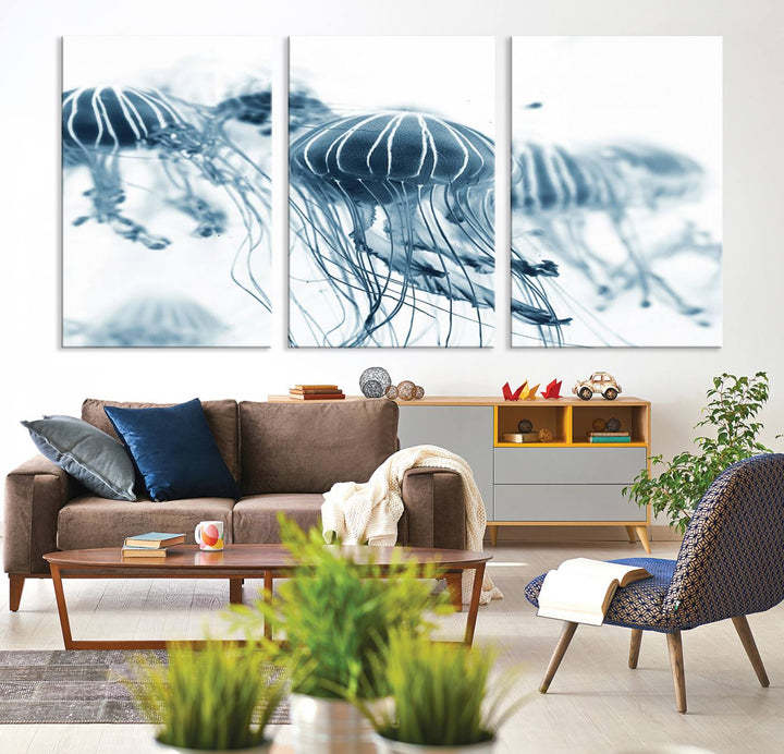 The Abstract Jellyfish Wall Art Canvas Print, a three-panel piece featuring high-resolution printing, hangs elegantly in the room, adding vibrant detail to the space.