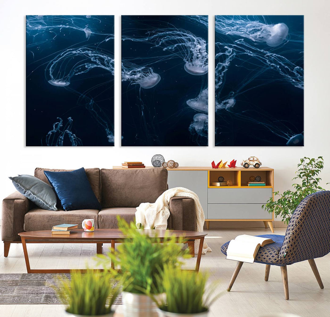 Room with modern decor, featuring the Abstract Jellyfish in Ocean Wall Art Canvas Print on museum-quality canvas.