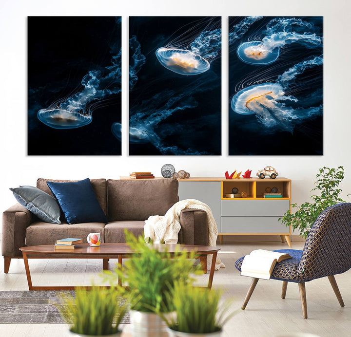 The "Jellyfish Wall Art Canvas Print," featuring a sea-themed design of glowing jellyfish, is displayed in high-resolution on museum-quality canvas.