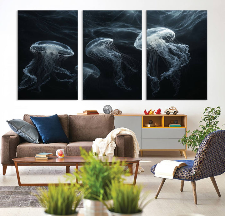 The Jellyfish Wall Art Canvas Print features glowing jellyfish in vibrant colors on museum-quality canvas.