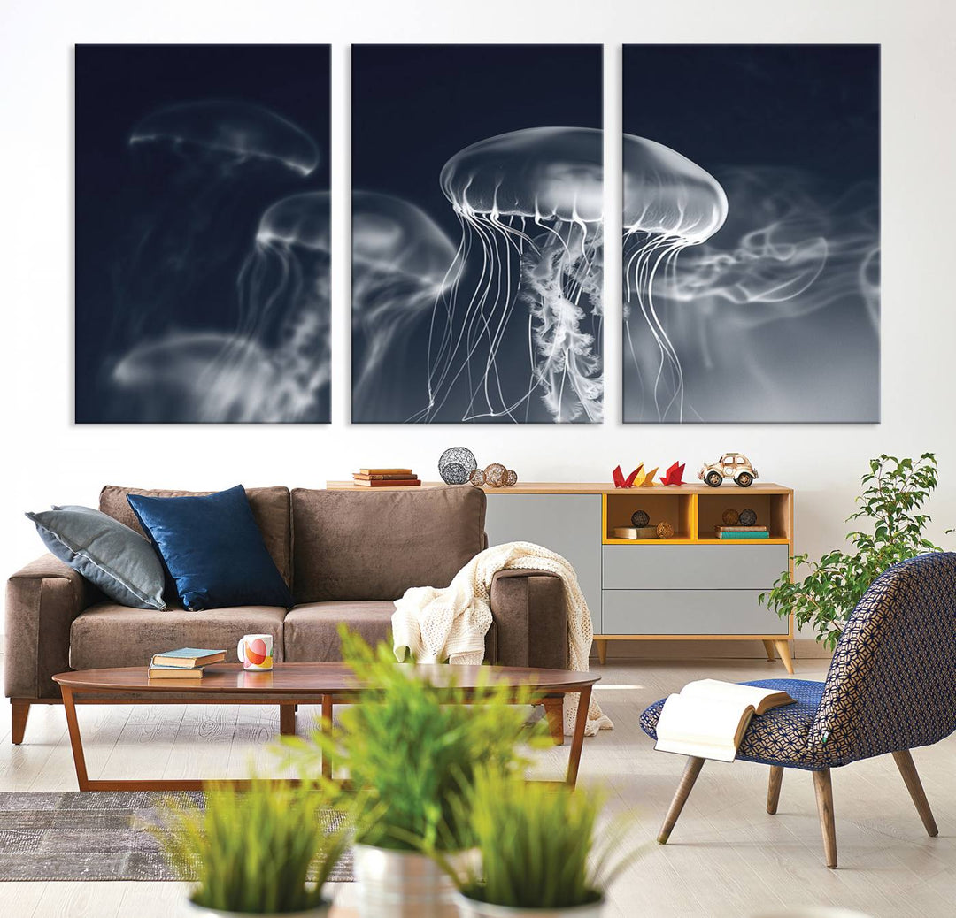 A stunning Jellyfish Wall Art Canvas Print showcases museum-quality canvas through high-resolution printing.