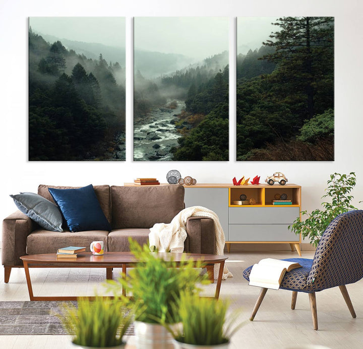 Misty Forest Wall Art | Ready to Hang and Framed | Tranquil Nature Landscape for Living Room or Cabin Wall Decor