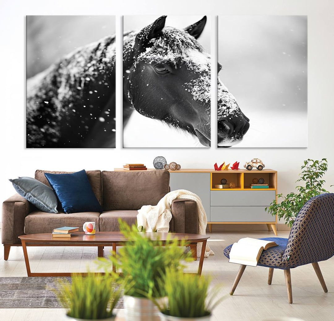 A set of Winter Horse Snow Wall Art Canvas Prints hangs, creating the perfect touch of Rustic Cabin Decor.