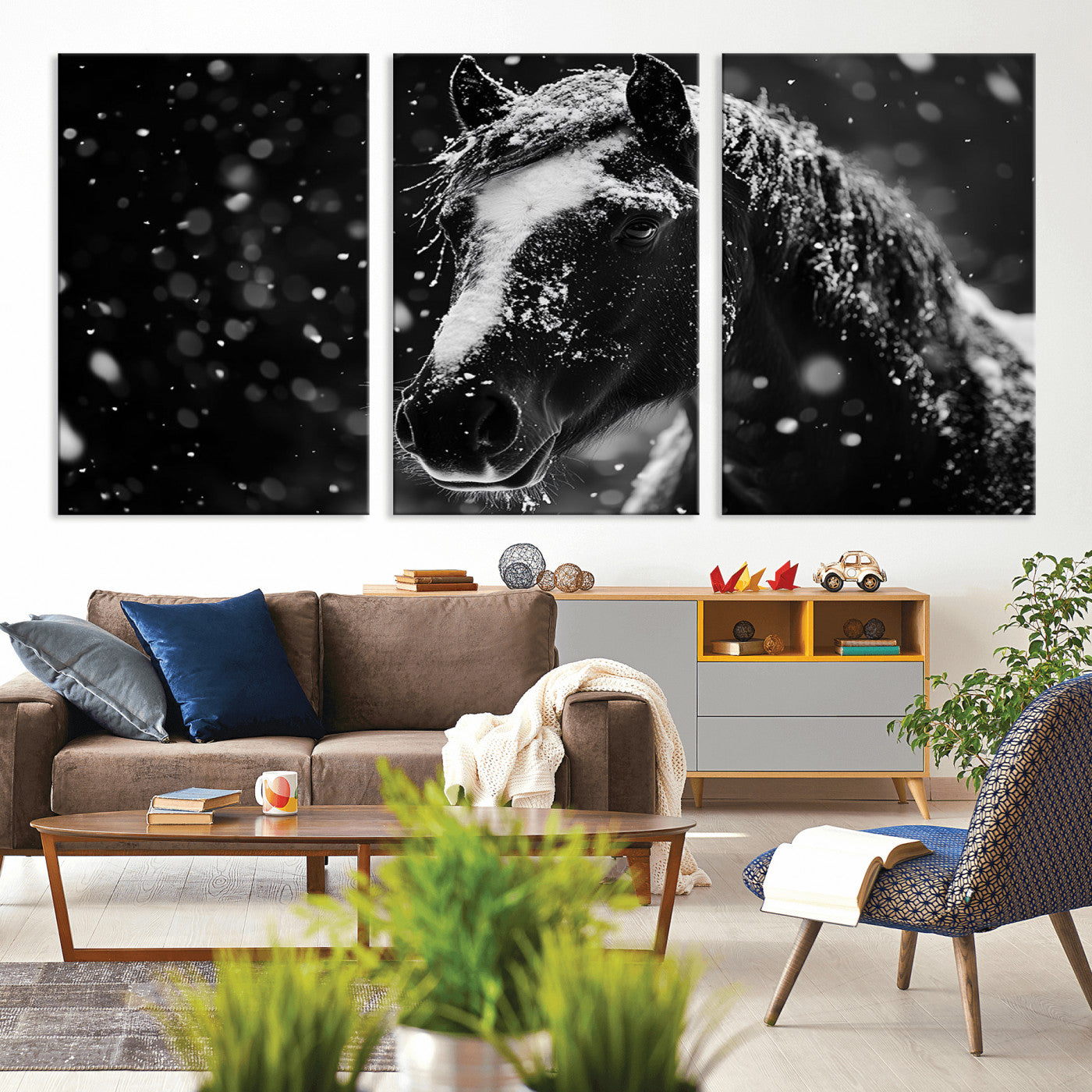 MGV-CV-60X30-3P - Winter Horse Wall Art | Black and White Horse Print | Ready to Hang and Framed | Farmhouse Wall Art