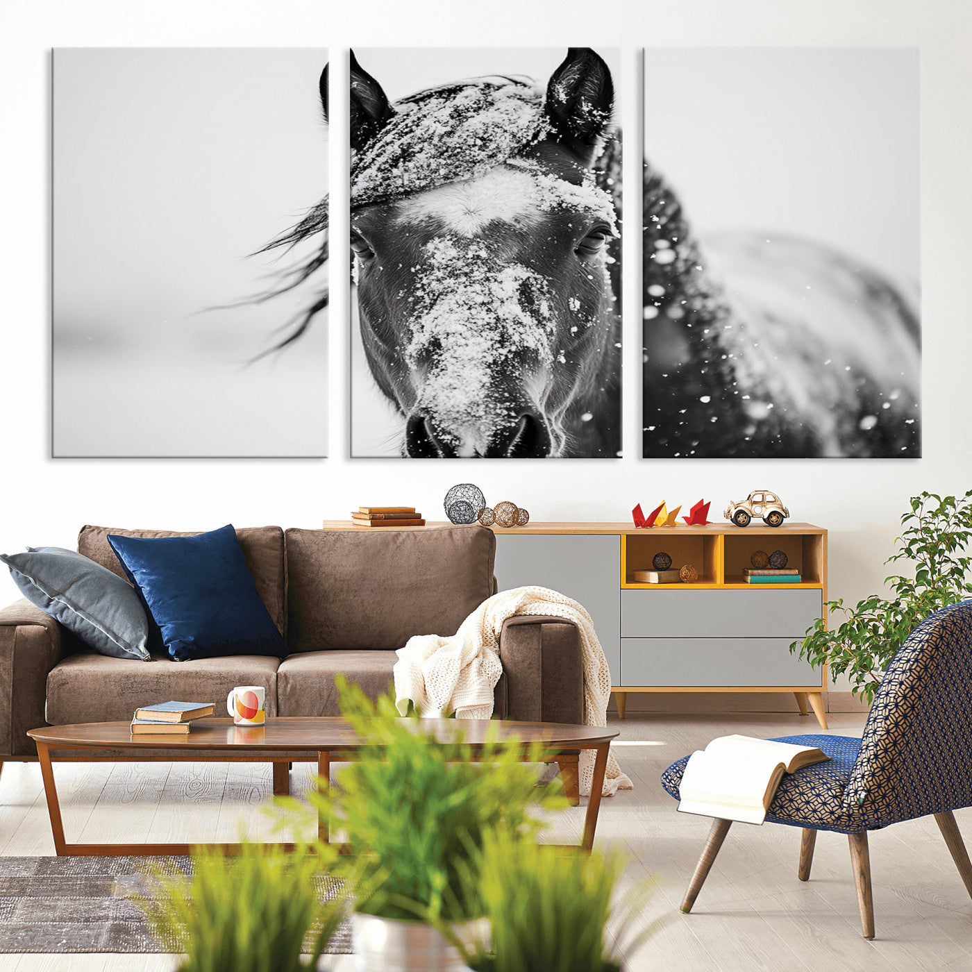 MGV-CV-60X30-3P - Western Wall Art | Black and White Winter Horse Wall Art | Ready to Hang and Framed | Farmhouse and