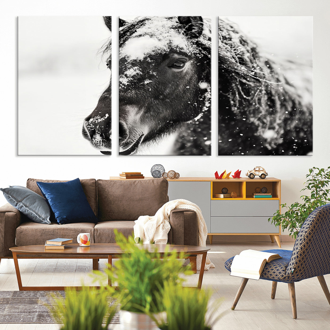 MGV-CV-60X30-3P - Framed Black and White Horse Wall Art | Ready to Hang and Framed | Farmhouse and Western Wall Decor