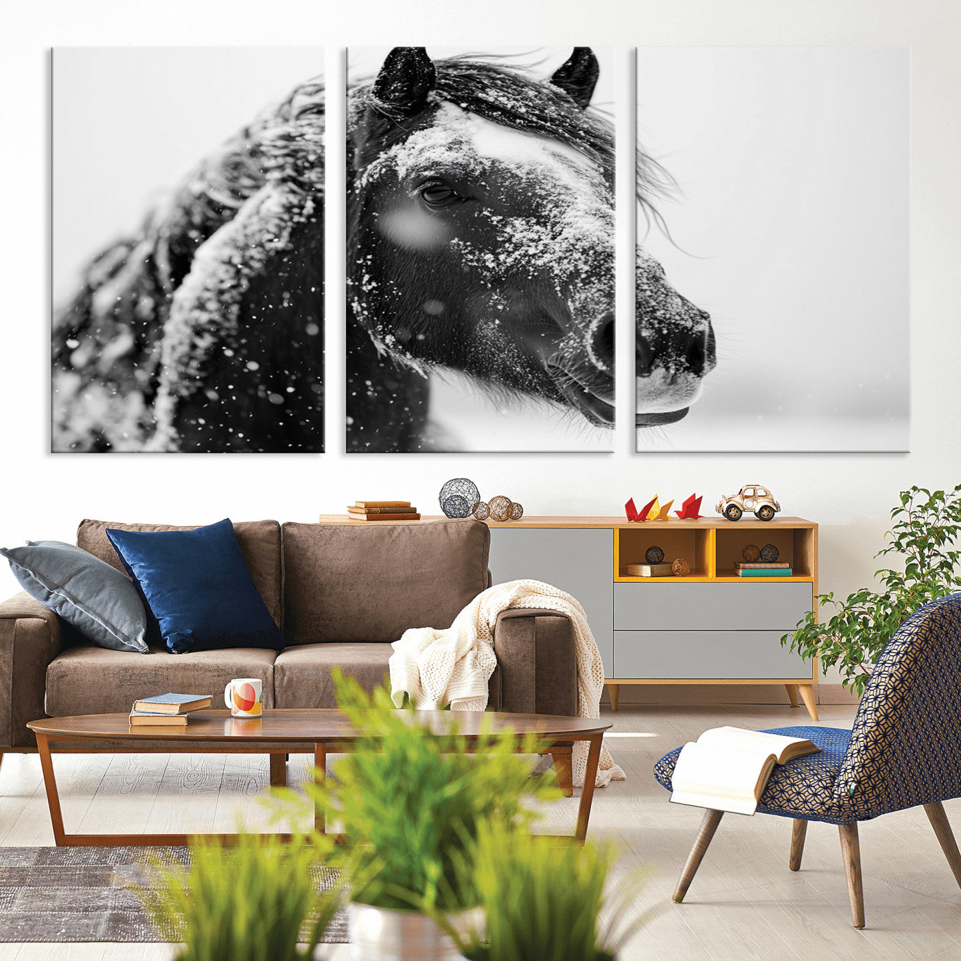 MGV-CV-60X30-3P - Winter Horse Canvas Print | Large 3-Panel Black White Equine Photography for Rustic Farmhouse Wall