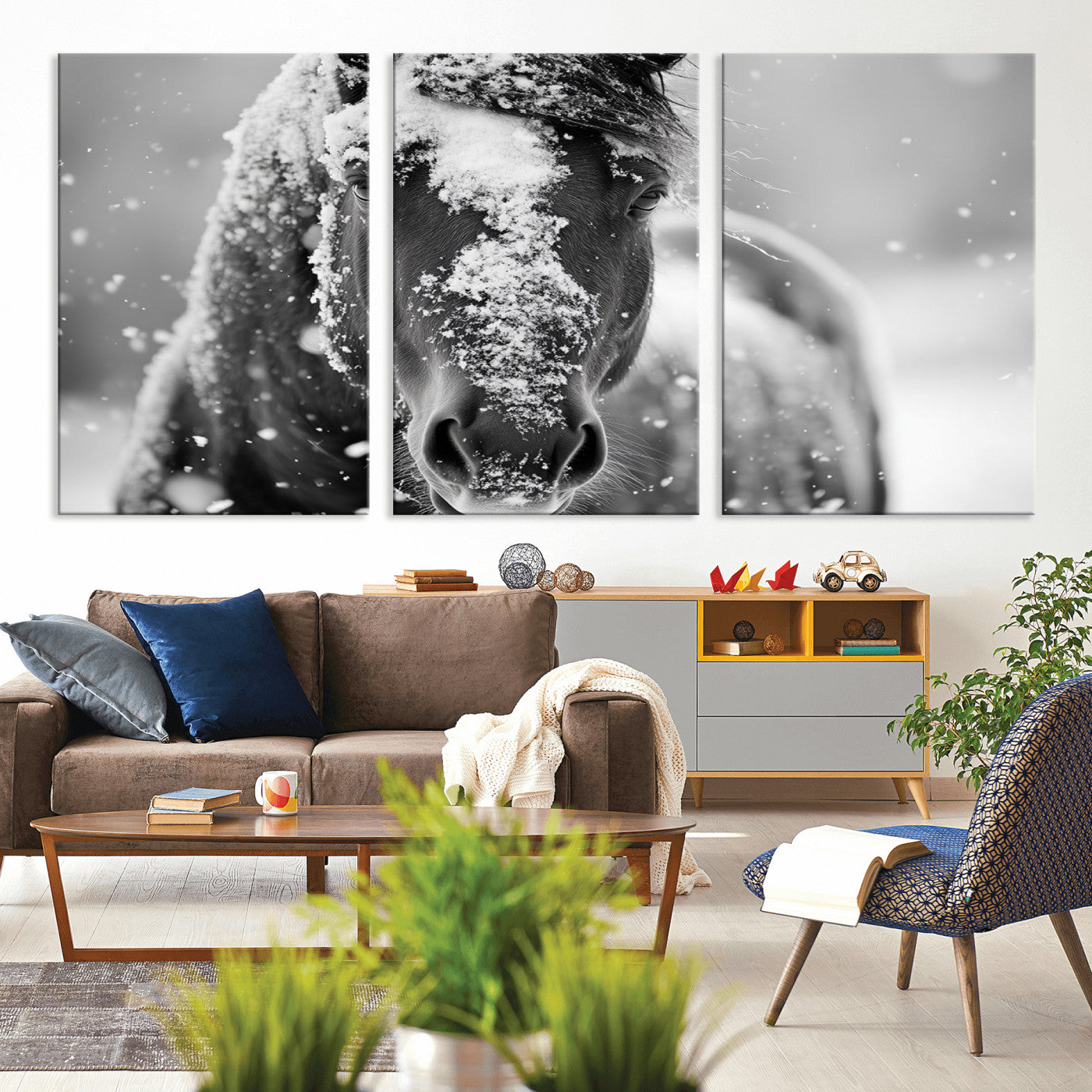 MGV-CV-60X30-3P - Black and White Horse Winter Wall Art | Ready to Hang and Framed | Farmhouse Wall Decor | Western
