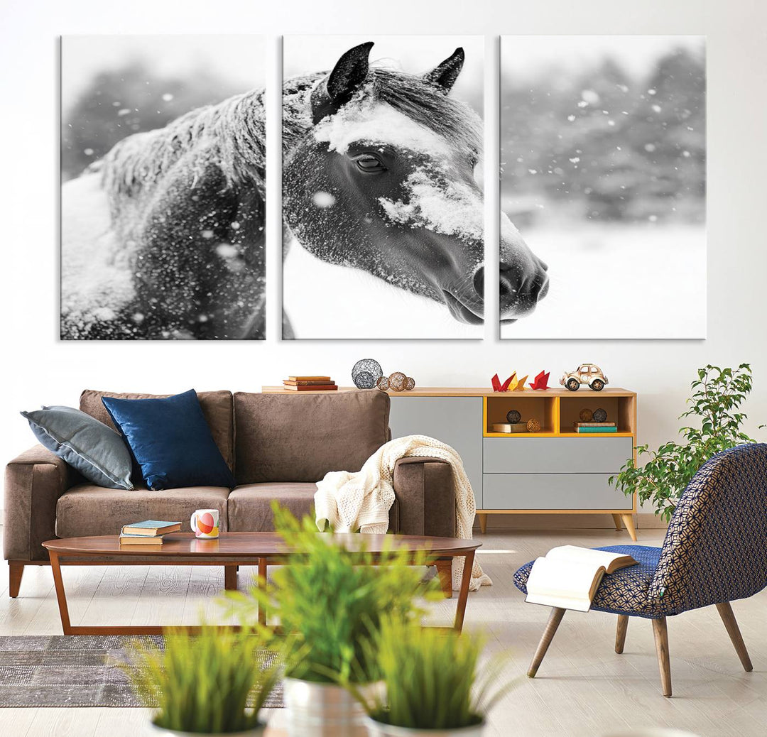 The Black Horse Winter Wall Art, framed and ready to hang, is beautifully displayed as farmhouse and western wall decor.