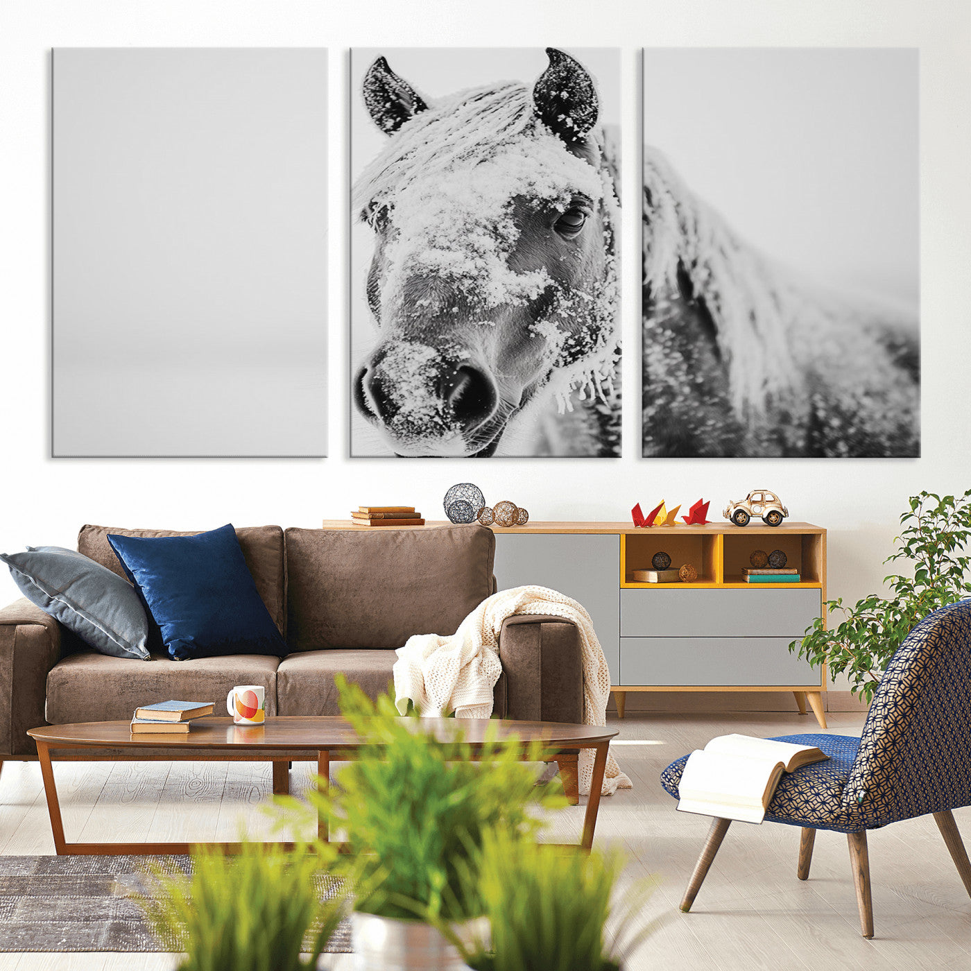 MGV-CV-60X30-3P - White Horse Wall Art | Ready to Hang and Framed | Winter Horse Wall Art Print for Farmhouse and