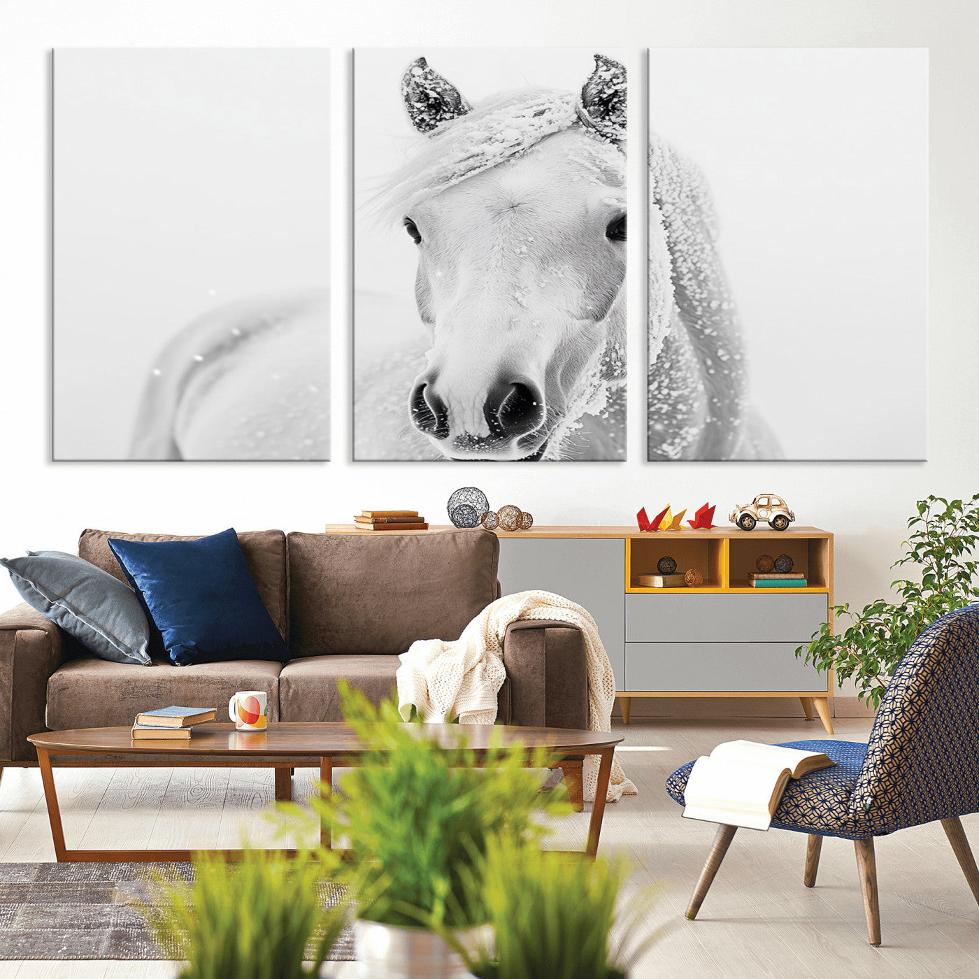 MGV-CV-60X30-3P - Majestic White Horse Wall Art | Ready to Hang and Framed | Farmhouse Wall Decor for Living Room