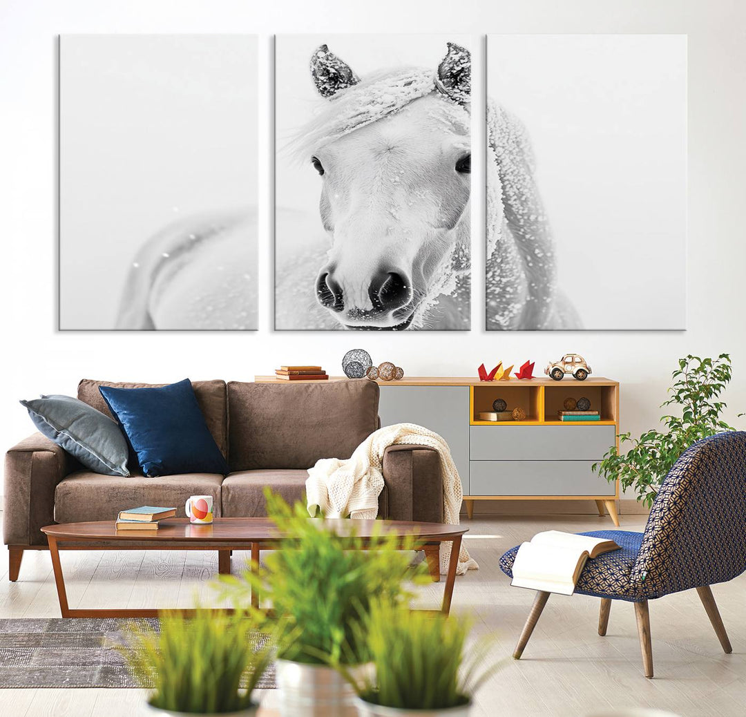 The dining room features the Majestic White Horse Wall Art, adding to its rustic charm.