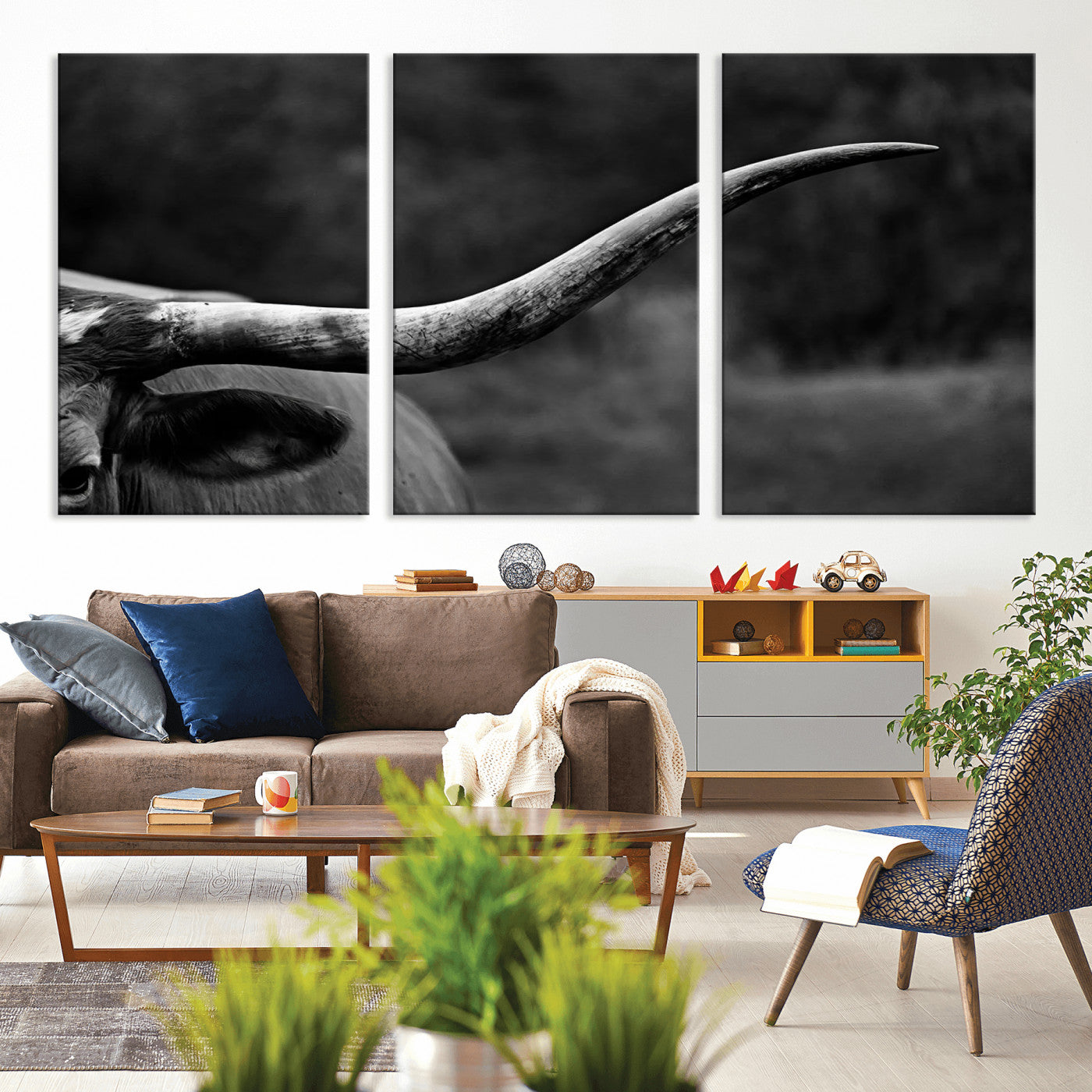 MGV-CV-60X30-3P - Cow Longhorn Wall Art | Black and White Print | Ready to Hang and Framed | Farmhouse Wall Decor |