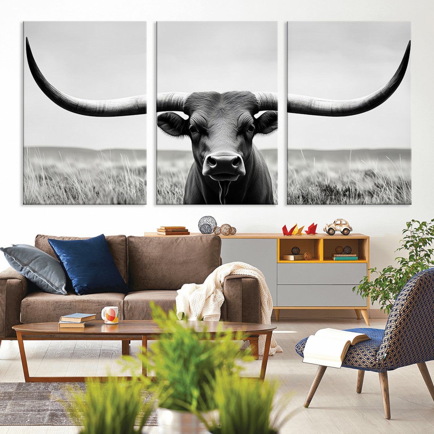 -Longhorn Bull Canvas Print | Rustic Farmhouse Wall Art | Western Decor | Ready to Hang and Framed