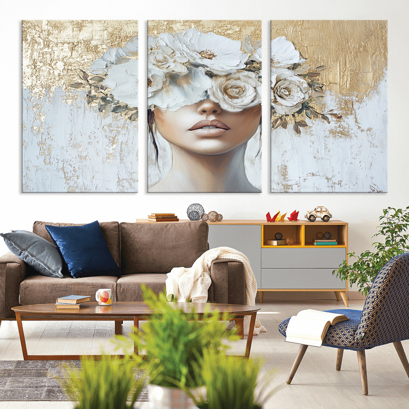 MGV-CV-60X30-3P - Golden Petal Wall Art - Canvas Print Flower Head Woman Painting Floral Woman Portrait Wall Decor,