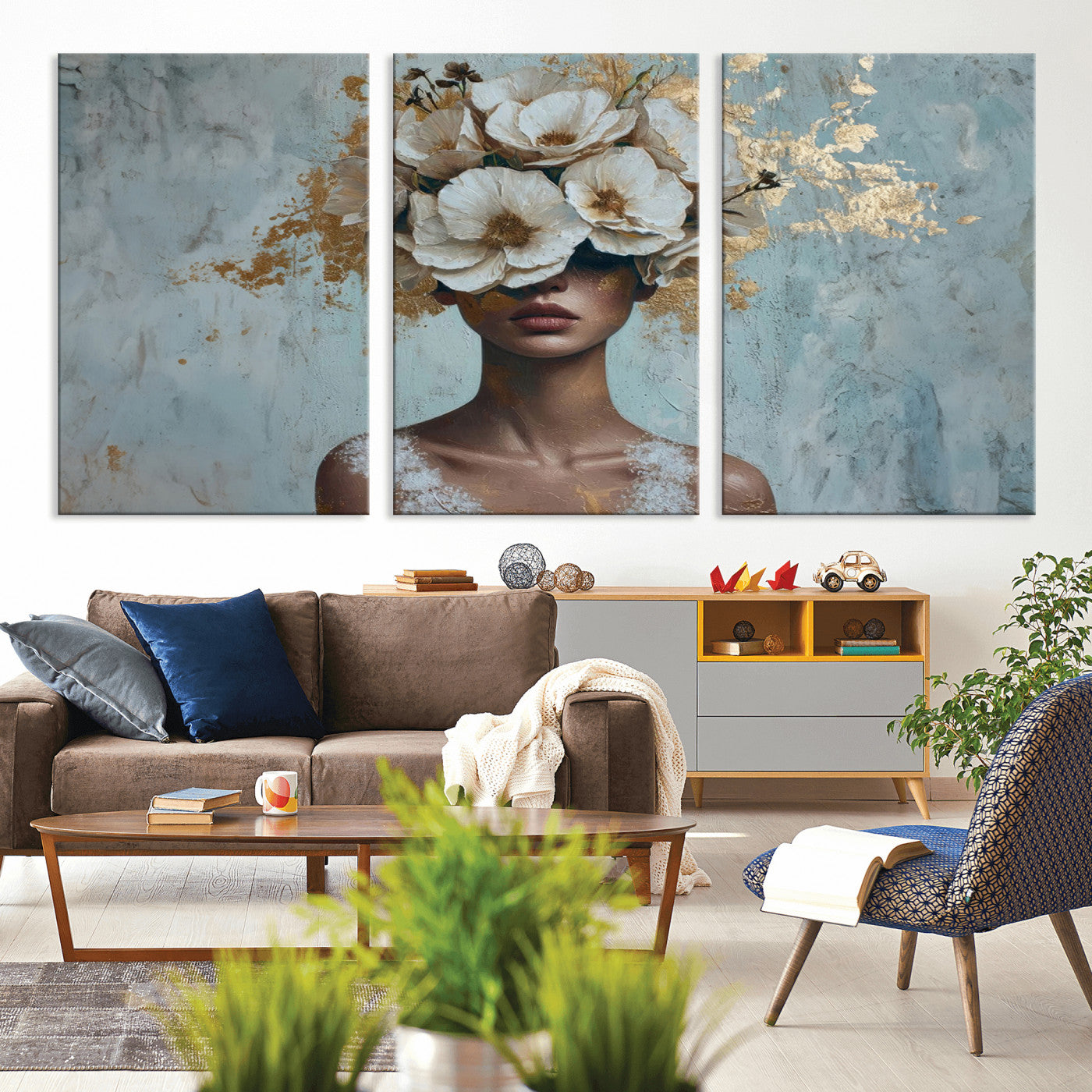 MGV-CV-60X30-3P - Golden Petal Wall Art - Petal Silhouette Woman Wall Art Canvas Print | Large 3-Panel Canvas with