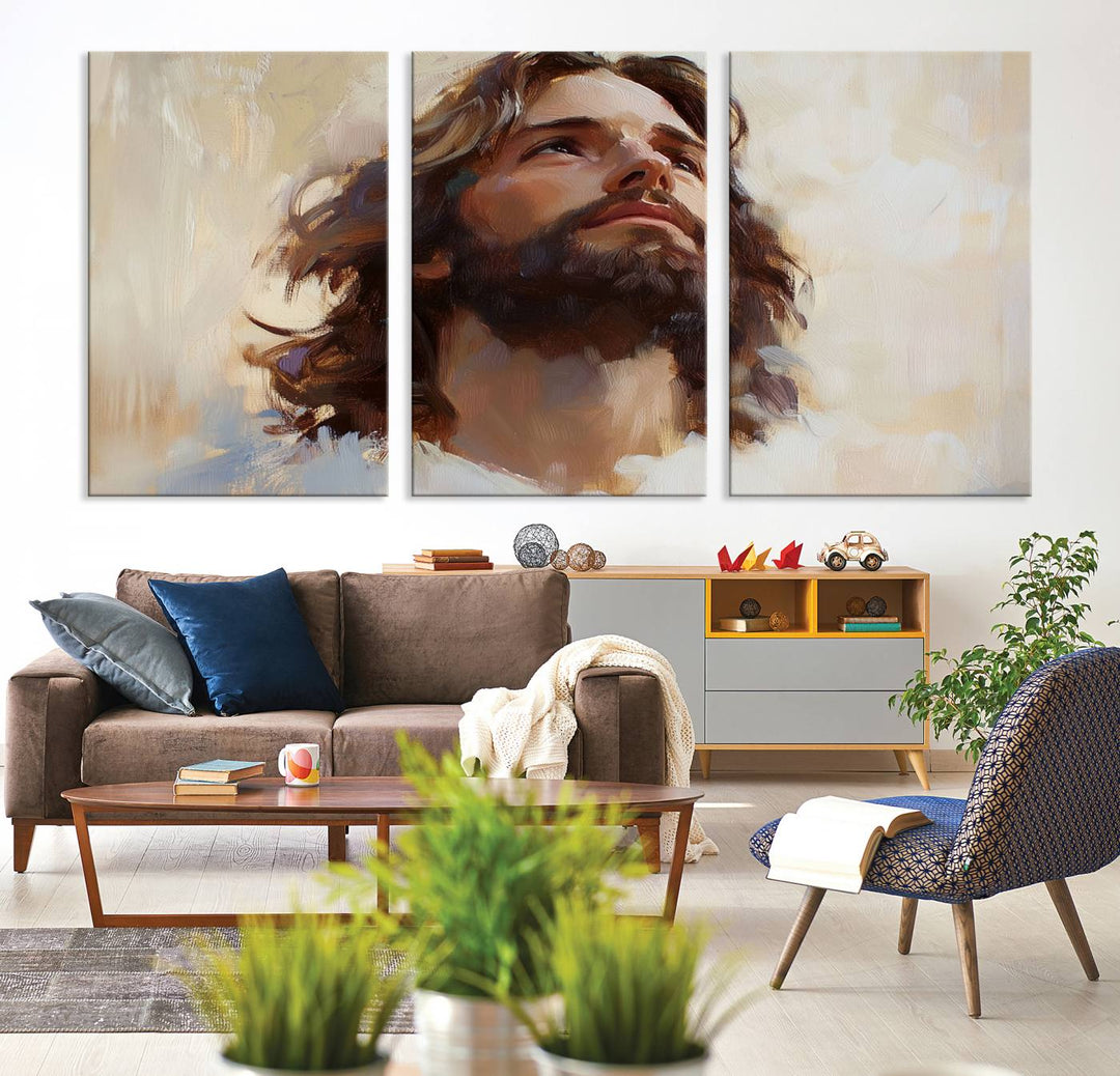 The "Jesus Christ Portrait Wall Art," a ready-to-hang and framed canvas print, features a bearded man with long hair looking upward, creating an inspirational spiritual atmosphere.