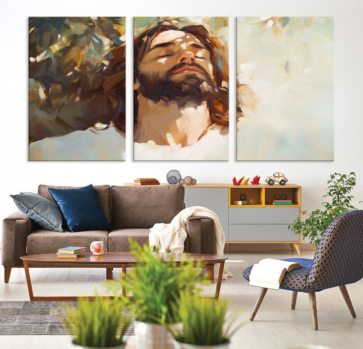 The Jesus Portrait Wall Art Canvas Print features a depiction of Jesus Christ with closed eyes, basking in sunlight. His expression exudes a peaceful, spiritual atmosphere against a blurred background.