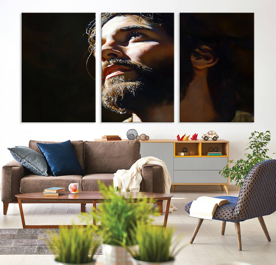 The Jesus Portrait Wall Art Canvas Print features a thoughtful depiction of Jesus Christ in an oil painting style, adding an inspirational religious touch to the decor.