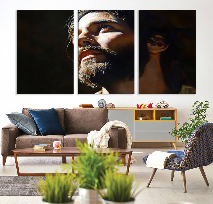 The Jesus Portrait Wall Art Canvas Print features a thoughtful depiction of Jesus Christ in an oil painting style, adding an inspirational religious touch to the decor.