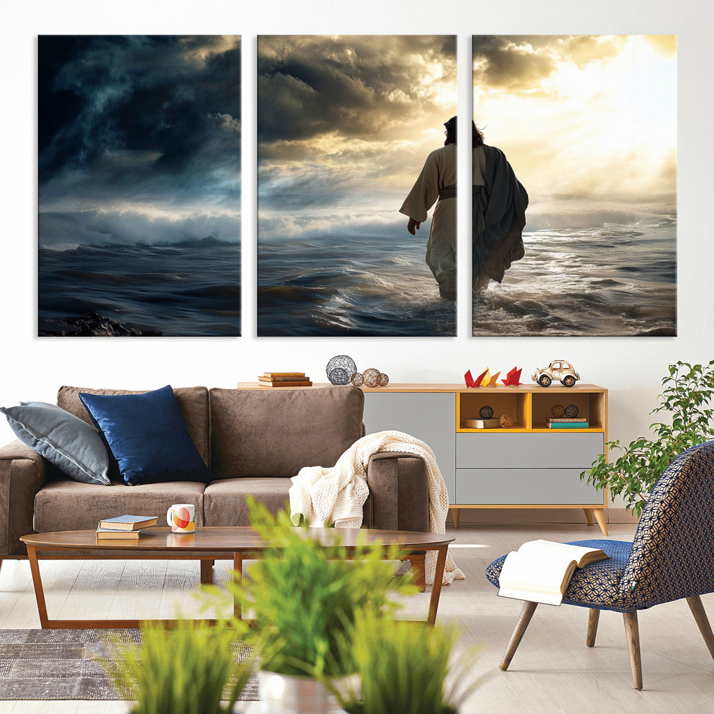 MGV-CV-60X30-3P - Jesus Walking on Water Wall Art | Canvas Print | Ready to Hang | Christian Home Decor | Spiritual