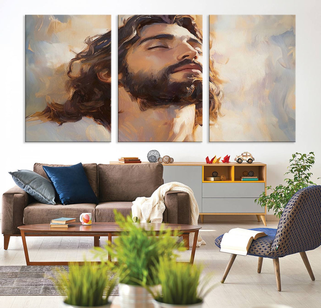 This museum-quality canvas print, titled "Jesus Portrait," features an oil painting style depiction of Jesus Christ with a closed-eyed expression. The high-resolution printing captures every detail beautifully.