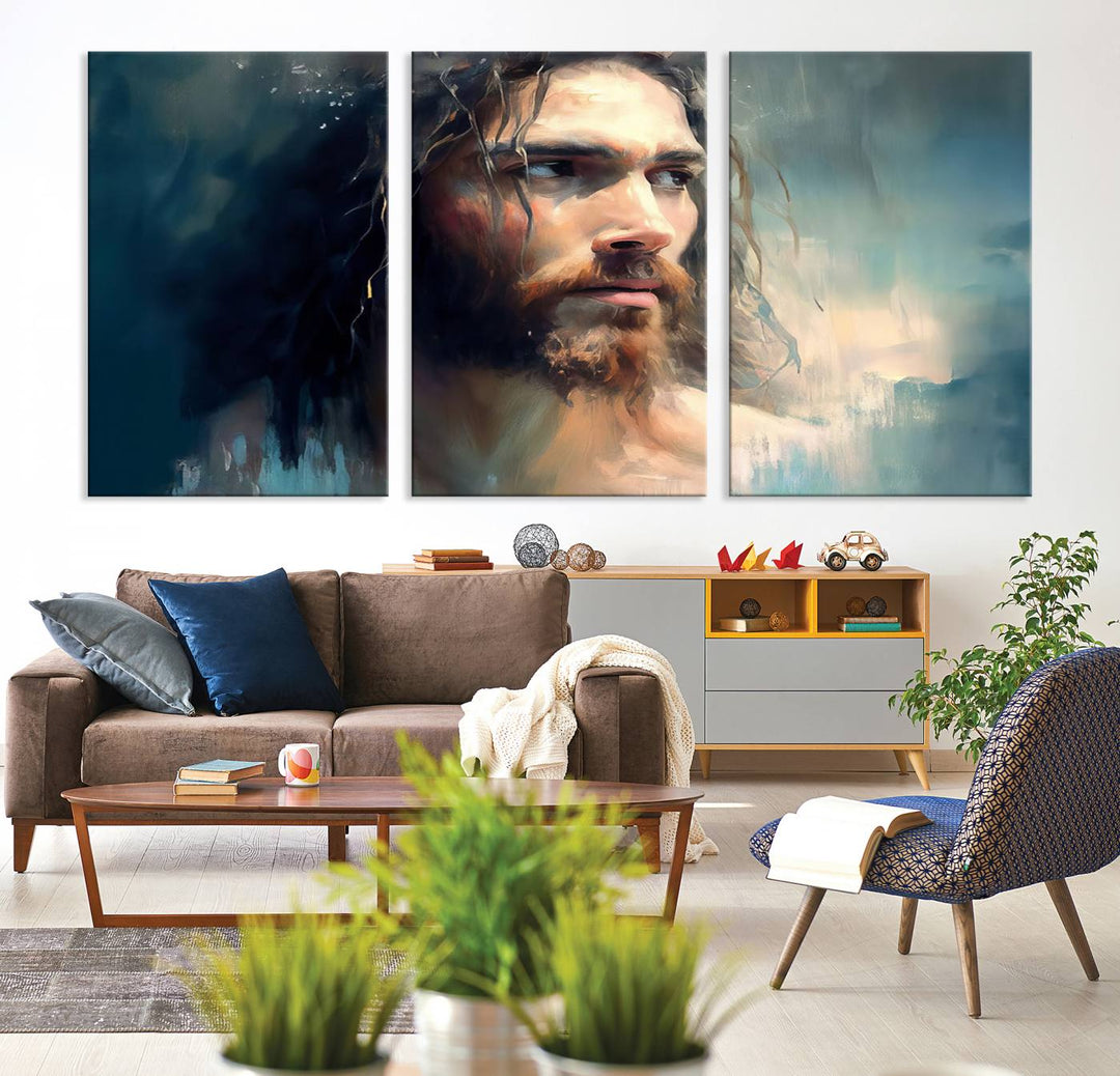 The Jesus Portrait Wall Art Canvas Print, featuring a depiction of a man with long hair and a beard, is showcased on a wooden wall. This Christian Wall Art is rendered on museum-quality canvas, highlighting the mastery of high-resolution printing in an oil painting style.