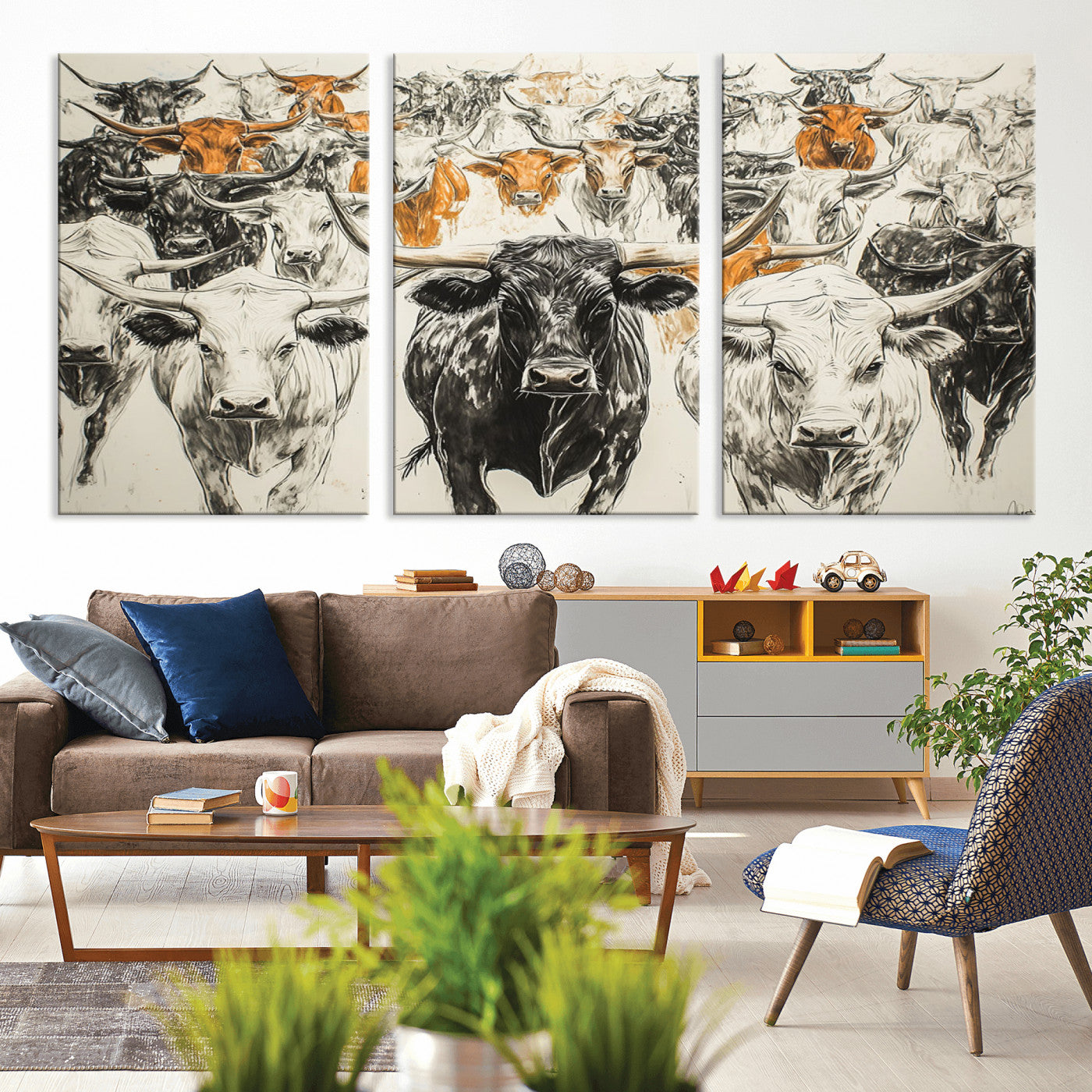 MGV-CV-60X30-3P - Farmhouse Wall Art | Western Longhorn Cattle Canvas Print | Ready to Hang and Framed Barn Decor