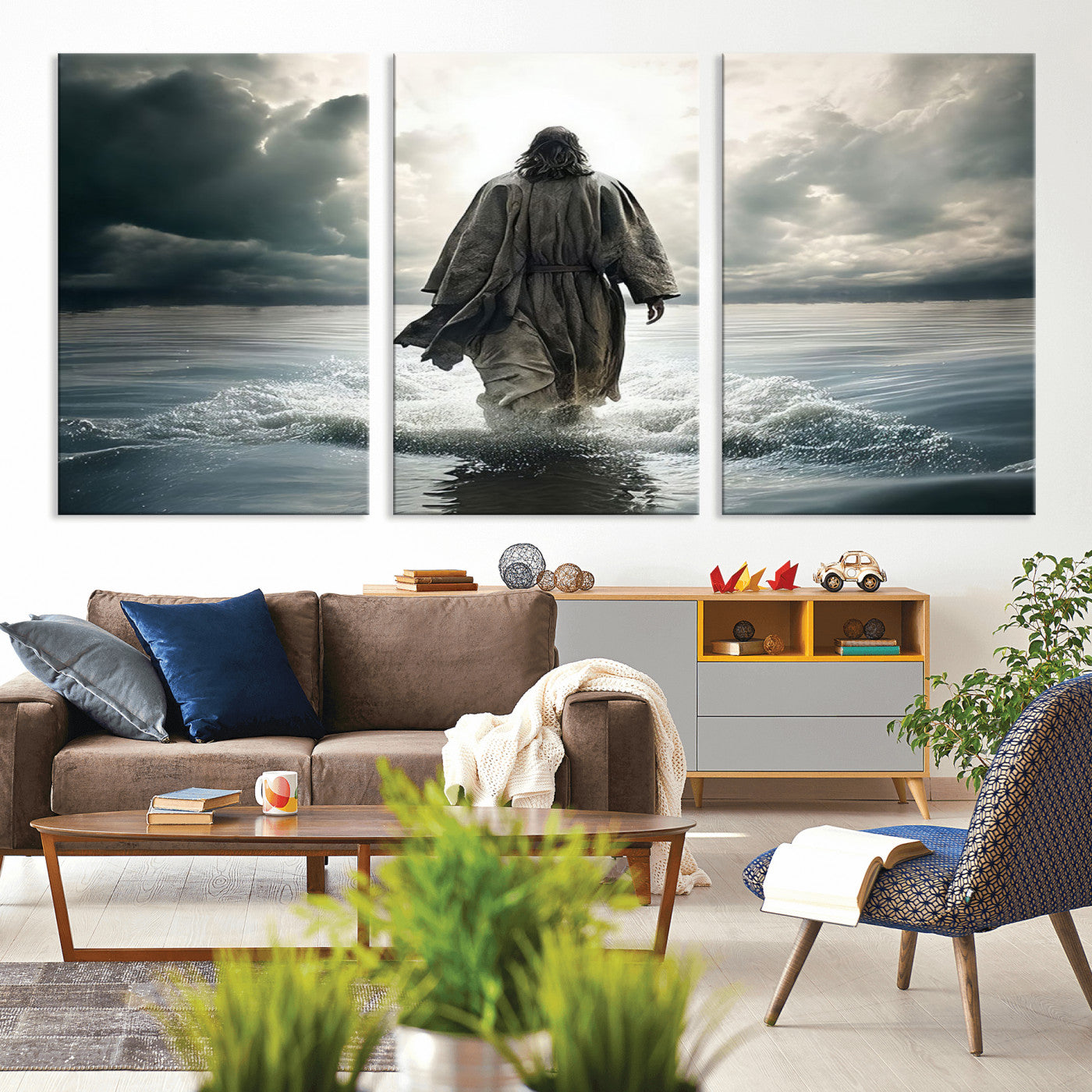 MGV-CV-60X30-3P - Jesus Walking on Water Wall Art | Canvas Print | Ready to Hang | Christian Home Decor | Spiritual