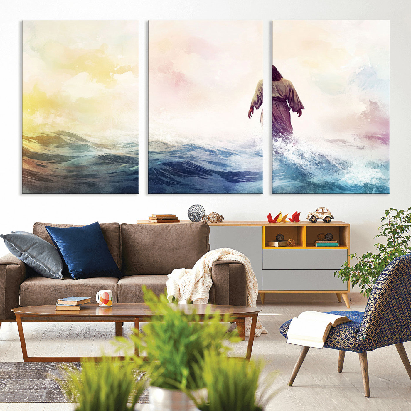 MGV-CV-60X30-3P - Watercolor Jesus Walking on Water Canvas Print, Christian Wall Art, Jesus Christ Walking