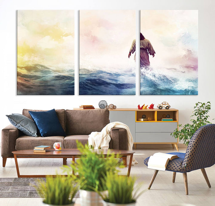 Watercolor Jesus Walking on Water Canvas Print, Christian Wall Art, Jesus Christ Walking