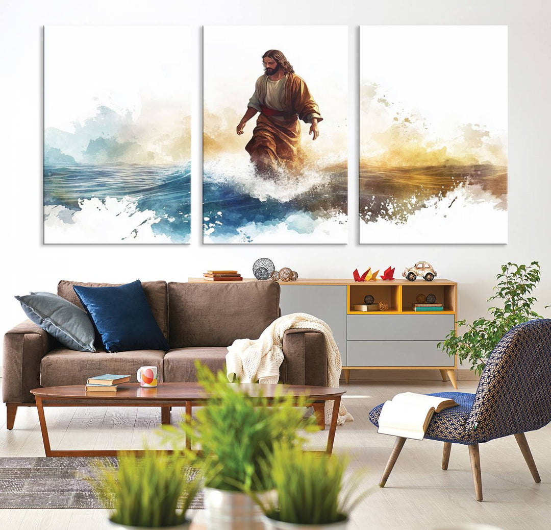 Watercolor Jesus Walking on Water Canvas Print, Christian Wall Art, Jesus Christ Walking