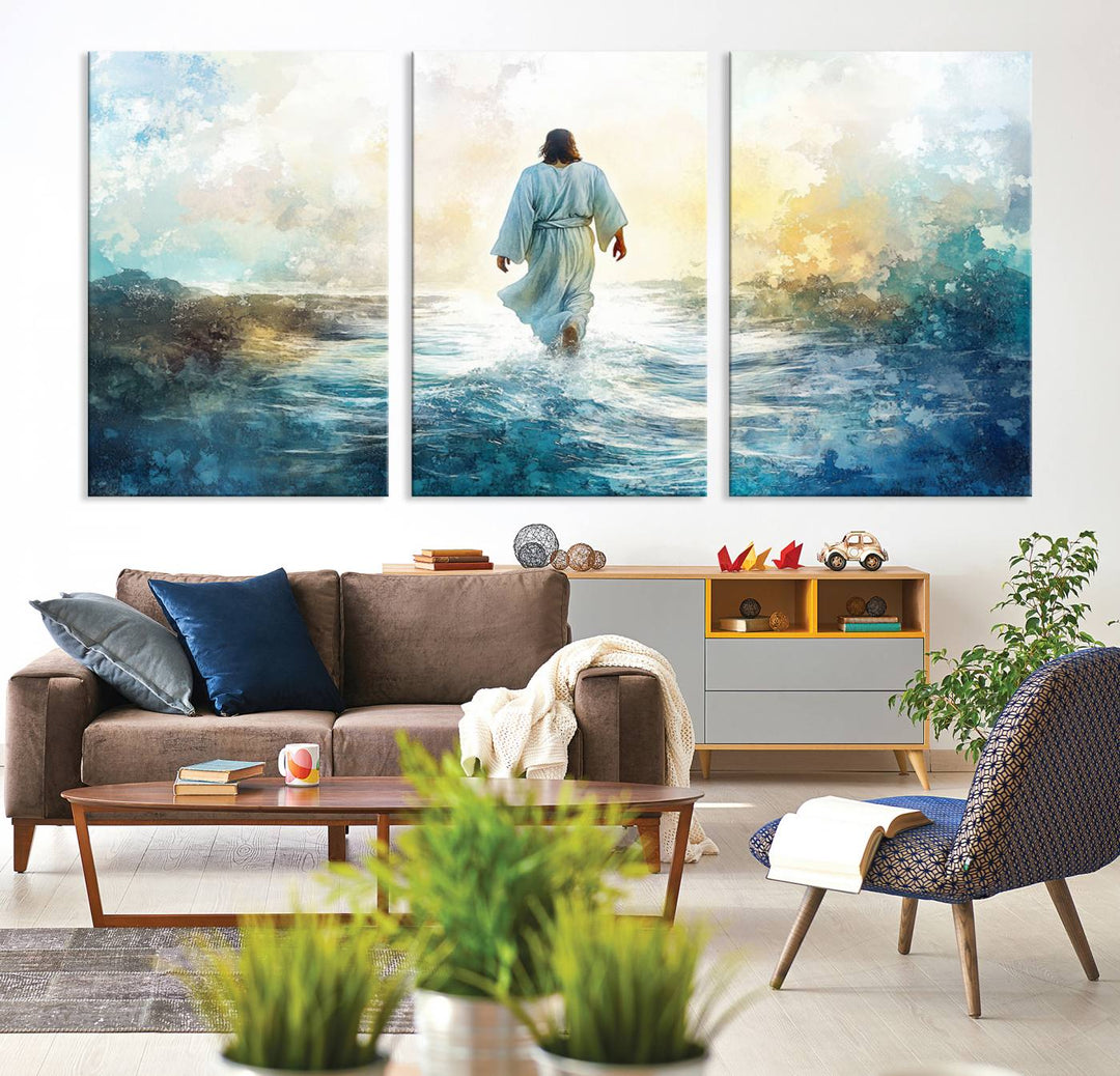 Watercolor Jesus Walking on Water Canvas Print, Christian Wall Art, Jesus Christ Walking