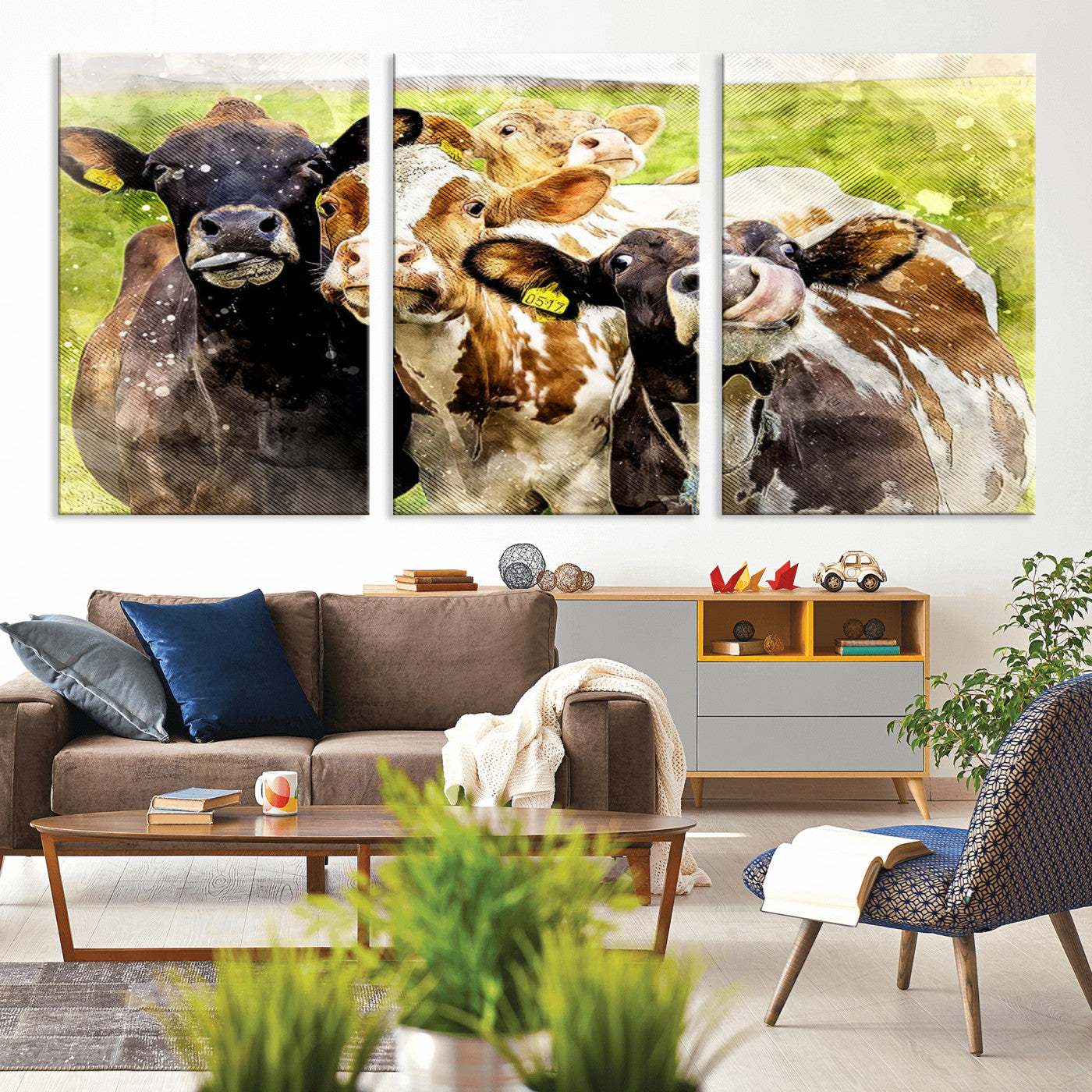 MGV-CV-60X30-3P - Curious Cows Farmhouse Wall Art | Ready to Hang and Framed Canvas Print | Rustic Farm Decor