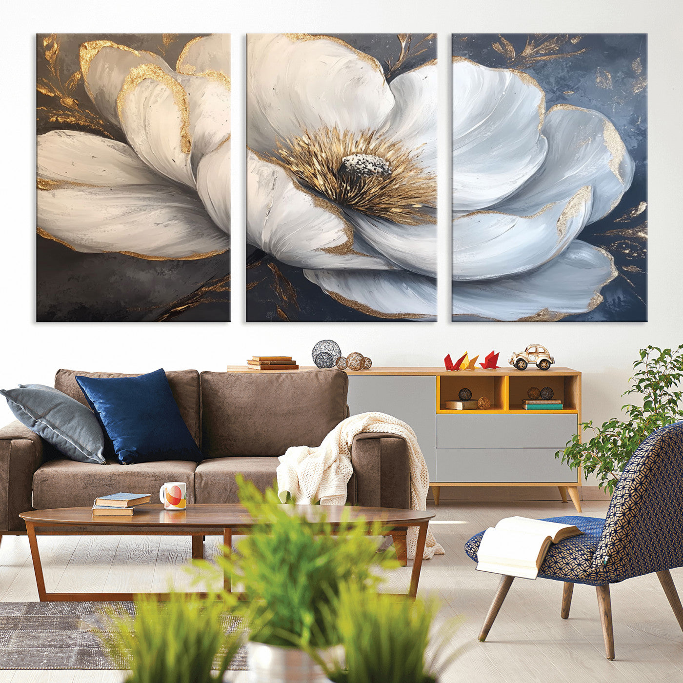 MGV-CV-60X30-3P - White Magnolia Flower Wall Art Canvas Print | Abstract Floral Wall Decor | Elegant Bloom Artwork |
