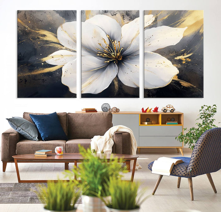 White Flower Wall Art | Canvas Print | Ready to Hang | Abstract Floral Wall Decor | Elegant Bloom Artwork | Framed for Living Room or Bedroom