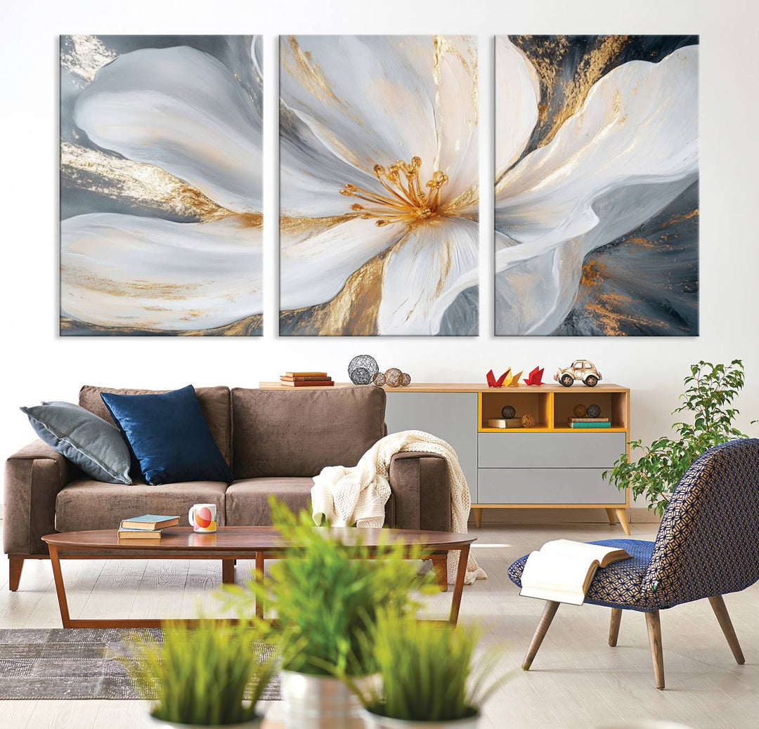 White and Gold Floral Canvas Wall Art - Framed and Ready to Hang - Perfect for Modern Living Rooms