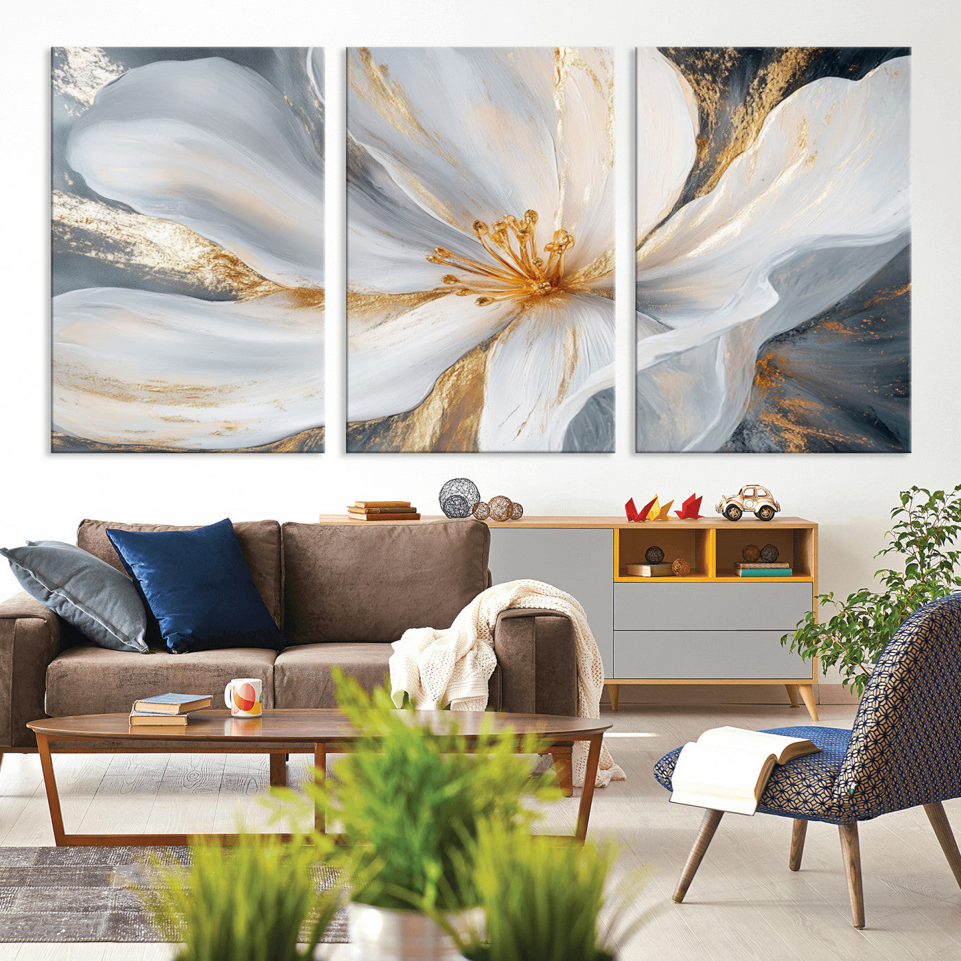 83149-MGV-CV-36X24-White and Gold Floral Canvas Wall Art - Framed and Ready to Hang - Perfect for Modern Living Rooms