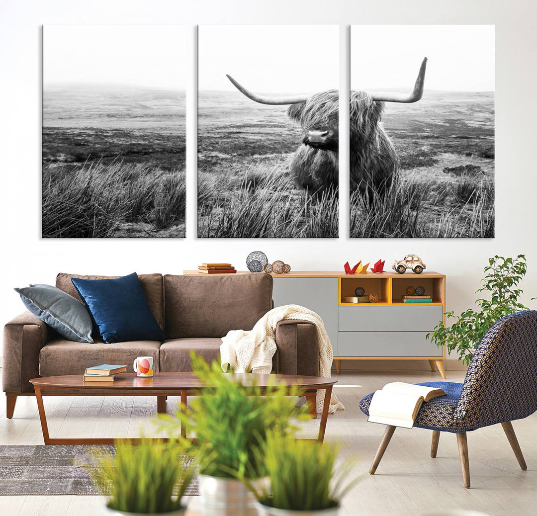 Scottish Highland Cow Wall Art | Black and White Canvas Print | Ready to Hang and Framed | Rustic Farmhouse Wall Decor for Living Room or Office