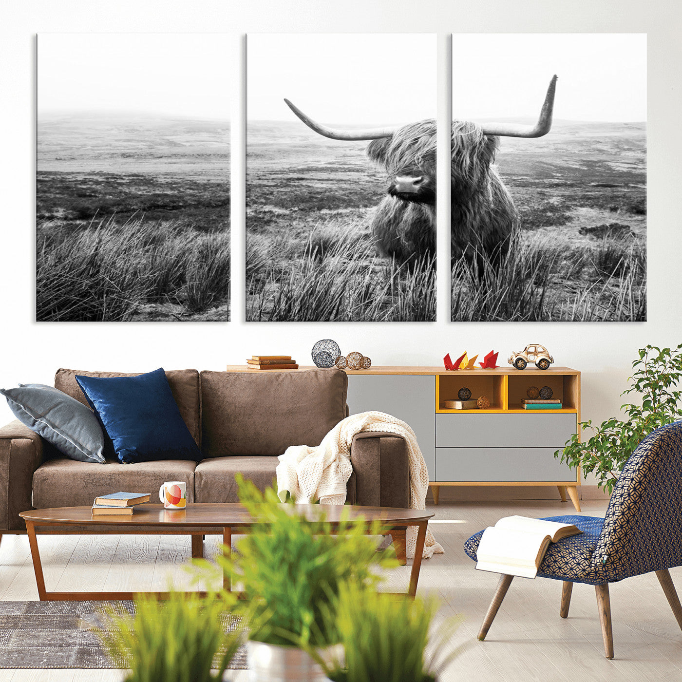 MGV-CV-60X30-3P - Scottish Highland Cow Wall Art | Black and White Canvas Print | Ready to Hang and Framed | Rustic