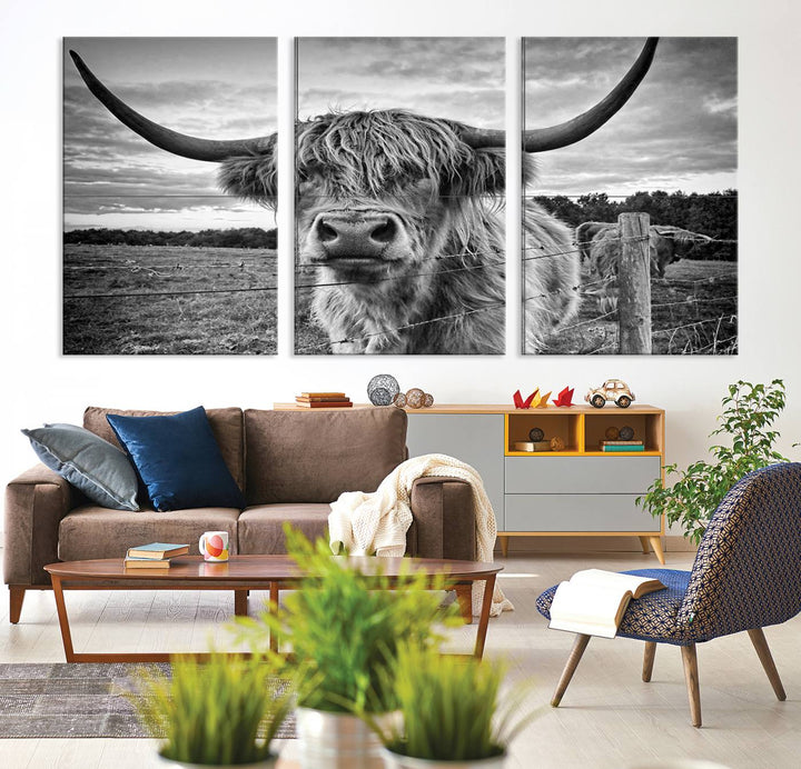 Scottish Highland Cow Wall Art Canvas Print | Ready to Hang and Framed | Rustic Farmhouse Decor