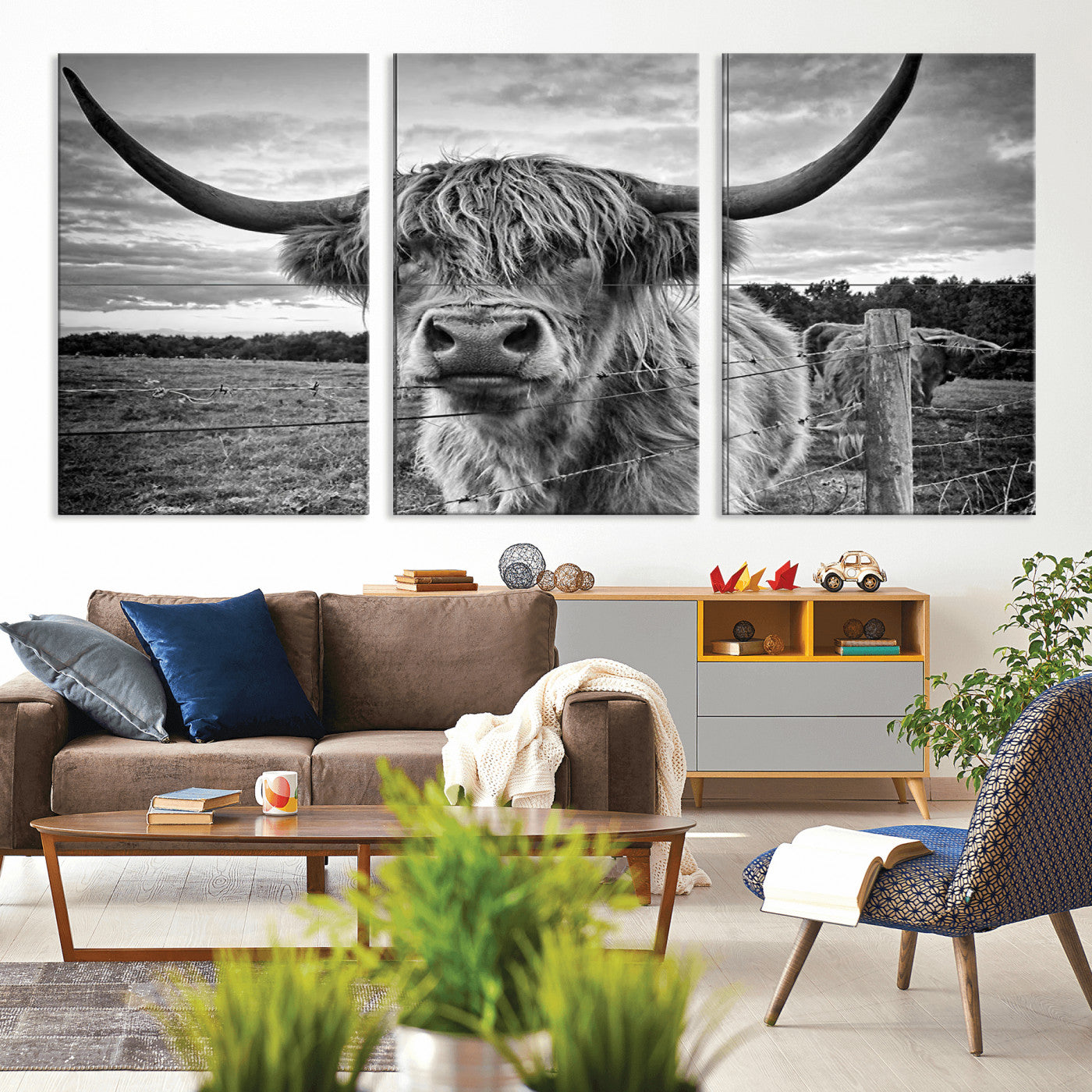MGV-CV-60X30-3P - Scottish Highland Cow Wall Art Canvas Print | Ready to Hang and Framed | Rustic Farmhouse Decor