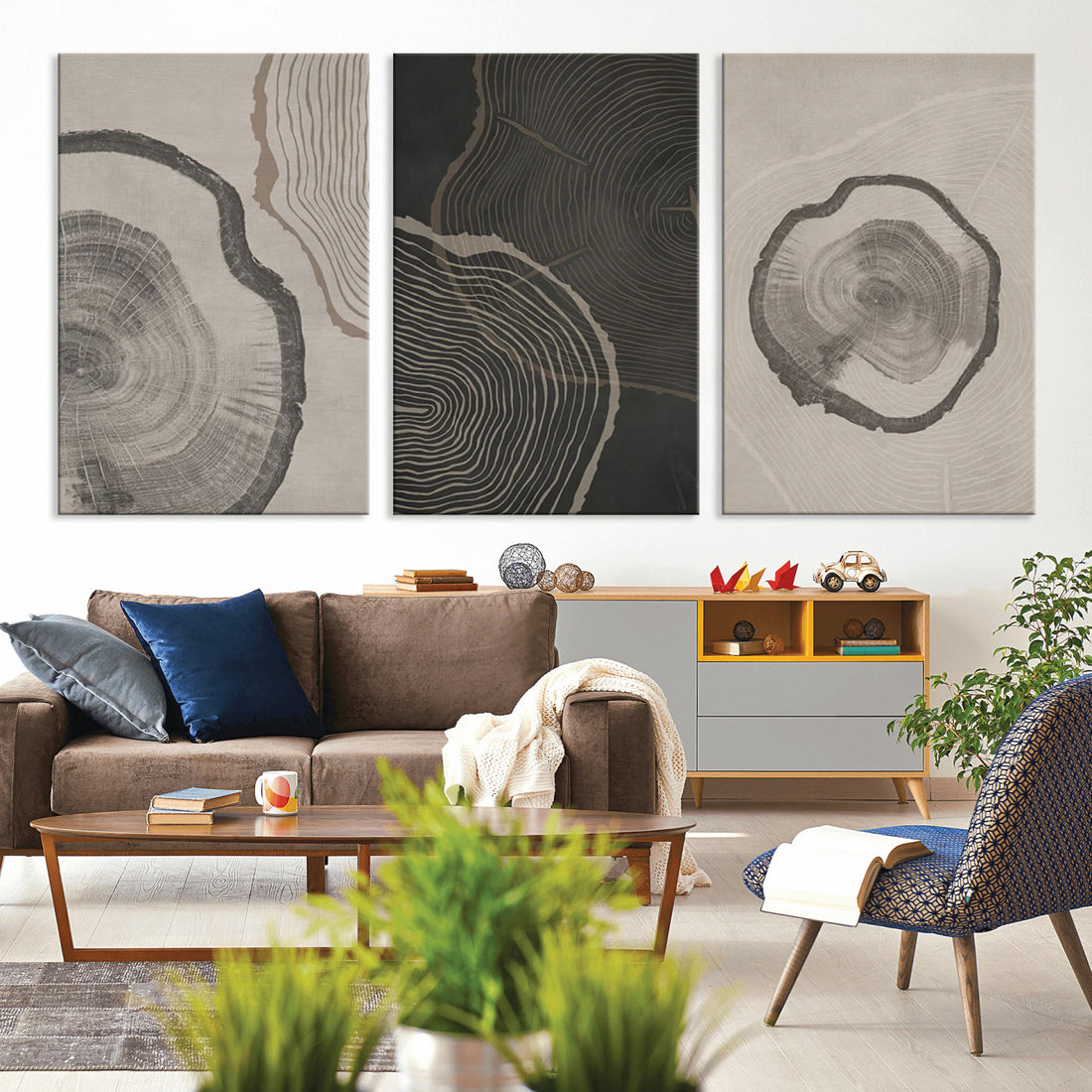 Modern Abstract Tree Ring Canvas Art Set | 3 Panel Large Tree Ring Design Wall Art