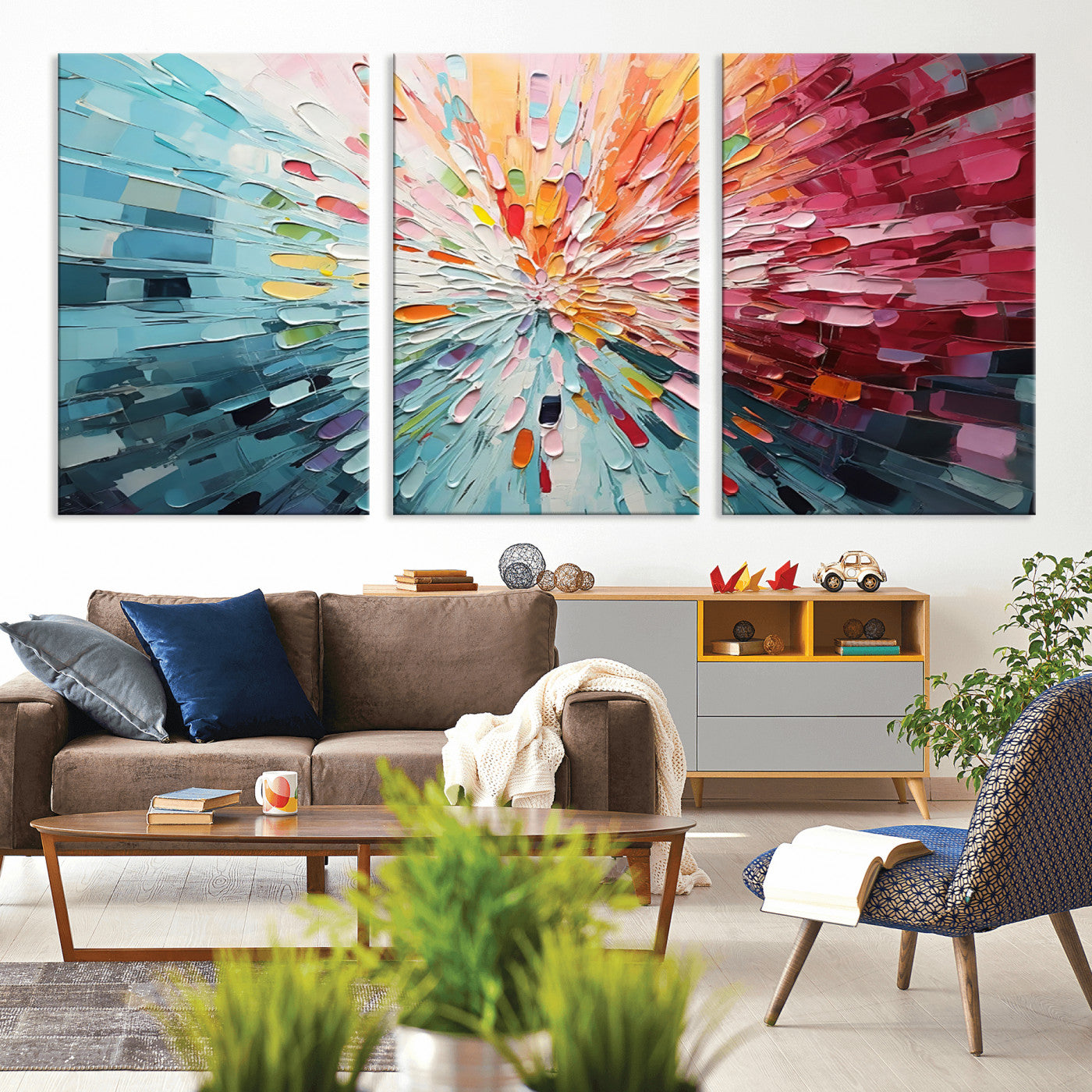 MGV-CV-60X30-3P - Radiant Bloom Abstract Floral Wall Art Canvas Print - Colorful Burst - Modern Living Room Decor -